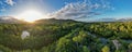 Aerial panorama of Cairns Botanical garden at sunset showing the rainforrest