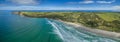 Aerial panorama of Cape Bridgewater beach, settlement, and wind farm in Victoria, Australia. Royalty Free Stock Photo