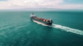 Aerial panorama of a cargo ship carrying container for import and export, business logistic and transportation in open sea.