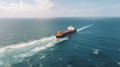 Aerial panorama of a cargo ship carrying container for import and export, business logistic and transportation in open sea.