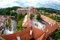 Aerial panorama of Cesky Krumlov Castle courtyard. South Bohemia