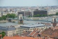 Aerial panorama of Chain Bridge from Fisherman`s Bastion in Buda Castle