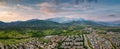 Aerial panorama Colorado Springs neighborhoods by the Rocky Mountains Royalty Free Stock Photo