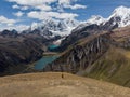 Aerial panorama of Cordillera Huayhuash Circuit andes mountain Jirishanca Camp Jahuacocha Solteracocha lake Ancash Peru