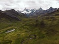 Aerial panorama of Cordillera Huayhuash Circuit valley andes alpine mountain Ancash Huanuco Peru South America