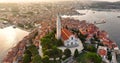 Aerial panorama of Croatian landmark, Old Town Rovinj, Church, Istria, Croatia Royalty Free Stock Photo