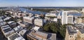 Aerial panorama of the downtown area of Savannah Georgia including the river and Talmadge Bridge Royalty Free Stock Photo