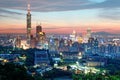 Aerial panorama of Downtown Taipei City with Taipei 101 Tower among skyscrapers under dramatic sunset sky