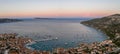 Aerial panorama drone shot of adriatic sea Komiza town on Vis Island in Croatia summer Royalty Free Stock Photo