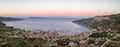 Aerial panorama drone shot of adriatic sea Komiza town on Vis Island in Croatia summer Royalty Free Stock Photo