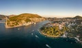 Aerial panorama drone shot of Dubrovnik bridge at Port Gruz in Lapad Adriatic sea in Croatia summer sunset Royalty Free Stock Photo