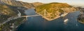 Aerial panorama drone shot of Dubrovnik bridge at Port Gruz in Lapad peninsula in Croatia summer sunset Royalty Free Stock Photo
