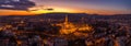 Aerial panorama drone shot of lighted Matthias Churh Fisherman`s Bastion on Buda Hill in Budapest sunset time Royalty Free Stock Photo