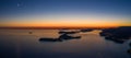 Aerial panorama drone shot of sunset horizon in Adriatic islands in Dubrovnik in Croatia summer Royalty Free Stock Photo