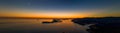 Aerial panorama drone shot of sunset horizon in Adriatic islands in Dubrovnik in Croatia summer Royalty Free Stock Photo