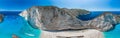 Aerial panorama drone shot of Zakynthos north end with Navagio beach and yachts in Ionian sea Royalty Free Stock Photo