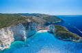 Aerial panorama drone shot of Zakynthos north end with Navagio beach and yachts in Ionian sea Royalty Free Stock Photo