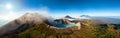 Aerial drone view of mount Kawah Ijen volcano crater at sunrise, East Java, Indonesia