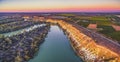 Aerial panorama of eroding sandstone shore of Murray RIver. Royalty Free Stock Photo