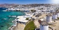 Aerial panorama of the famous windmills above Mykonos island Royalty Free Stock Photo