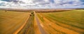 Aerial panorama of farmlands and salt shallow lake Tyrrell. Royalty Free Stock Photo