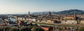 Aerial panorama of Florence from Piazzale Michelangelo overlooking the Arno river, Ponte Vecchio, Duomo and Palazzo Vecchio Royalty Free Stock Photo
