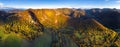 Aerial panorama of forested hills and mountains at sunset, Slovakia mountain forest ladscape Royalty Free Stock Photo