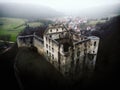 Aerial panorama of forgotten abandoned ruins castle Schulzburg Schuelzburg Anhausen Hayingen Grosse Lauter tal Germany