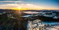 Aerial panorama with frozen Georgetown Lake, near Philipsburg, Montana at sunset