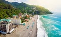 Aerial panorama Georgian Black sea beach in Sarpi. Beautiful sandy beach with turquoise water in hot summer day