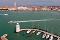 Aerial panorama of Giudecca Canal viewed from San Giorgio Maggiore Church in Venice, with the Campanile & Doge Palace in St Mark`s Royalty Free Stock Photo