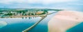 Aerial panorama of Harrington breakwall and Manning river mouth. Royalty Free Stock Photo