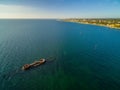 Aerial panorama of historic shipwreck of HMVS Cerberus at sunset