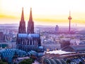 Aerial panorama of the Hohenzollern bridge over Rhine riverat sunset. Beautiful cityscape of Cologne, Germany Royalty Free Stock Photo