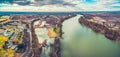 Aerial panorama of holiday park cabins and Murray River in Berri.