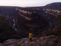 Aerial panorama of horsehoe bend canyon Canion Canon del Ebro river valley between Valdelateja and Cortiguera Spain