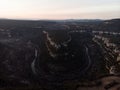 Aerial panorama of horsehoe bend canyon Canion Canon del Ebro river valley between Valdelateja and Cortiguera Spain