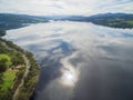 Aerial panorama of Huon River with clouds reflecting in the water. Huon Valley, Tasmania
