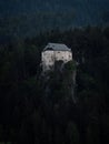 Aerial panorama of idyllic medieval historic stone rock hill cliff edge castle Schloss Stein in Dellach Kaernten Austria Royalty Free Stock Photo