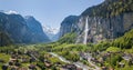 Aerial panorama image of the beautiful village Lauterbrunnen