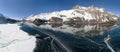 Aerial panorama image of the frozen lake of Silsersee - Maloja and Plaun da Lej, Switzerland Royalty Free Stock Photo