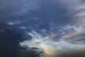 Aerial panorama image view textured of cloudscape on dramatic summer twilight blue sky with bright sunlight for airline travel and Royalty Free Stock Photo