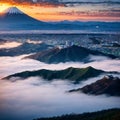 Aerial Panorama Landscape of Fuji Mountain. Iconic and Symbolic Mountain of Japan. Scenic Sunset Landscape of Fujisan