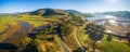 Aerial panorama landscape of Murray Valley Highway and bridge over Lake Hume on bright sunny day. Victoria, Australia Royalty Free Stock Photo