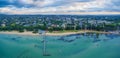 Aerial panorama landscape of Sorrento Long Pier, The Baths restaurant and beautiful coastline. Mornington Peninsula, Melbourne, A