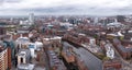 Aerial panorama of a Leeds cityscape skyline with Brewery Wharf on the River Aire