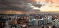 Aerial panorama of a Leeds cityscape skyline at sunrise Royalty Free Stock Photo