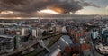 Aerial panorama of Leeds Dock and River Aire in a cityscape skyline at sunrise Royalty Free Stock Photo