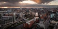 Aerial panorama of Leeds Dock and River Aire in a cityscape skyline at sunrise Royalty Free Stock Photo