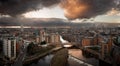 Aerial panorama of Leeds Dock and River Aire in a cityscape skyline at sunrise Royalty Free Stock Photo